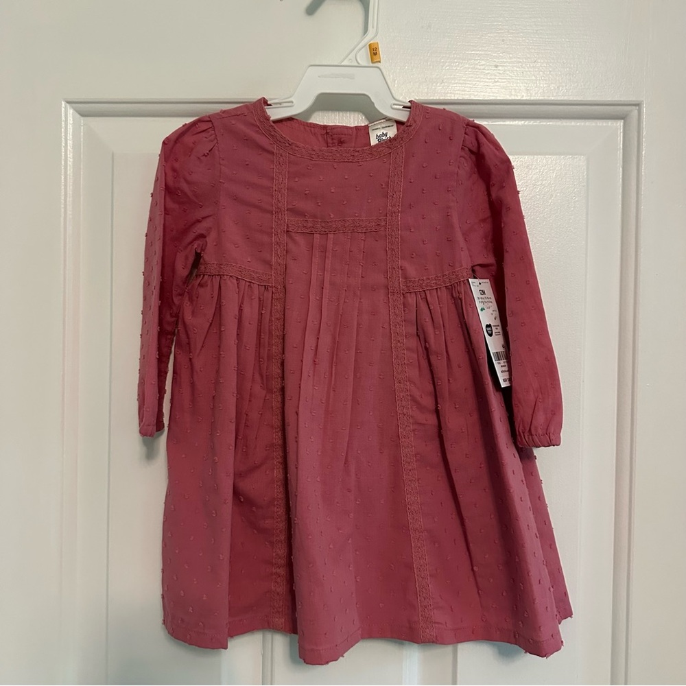 NWT OshKosh B'gosh Pink Embroidered Long Sleeve Baby Dress, Size 12m